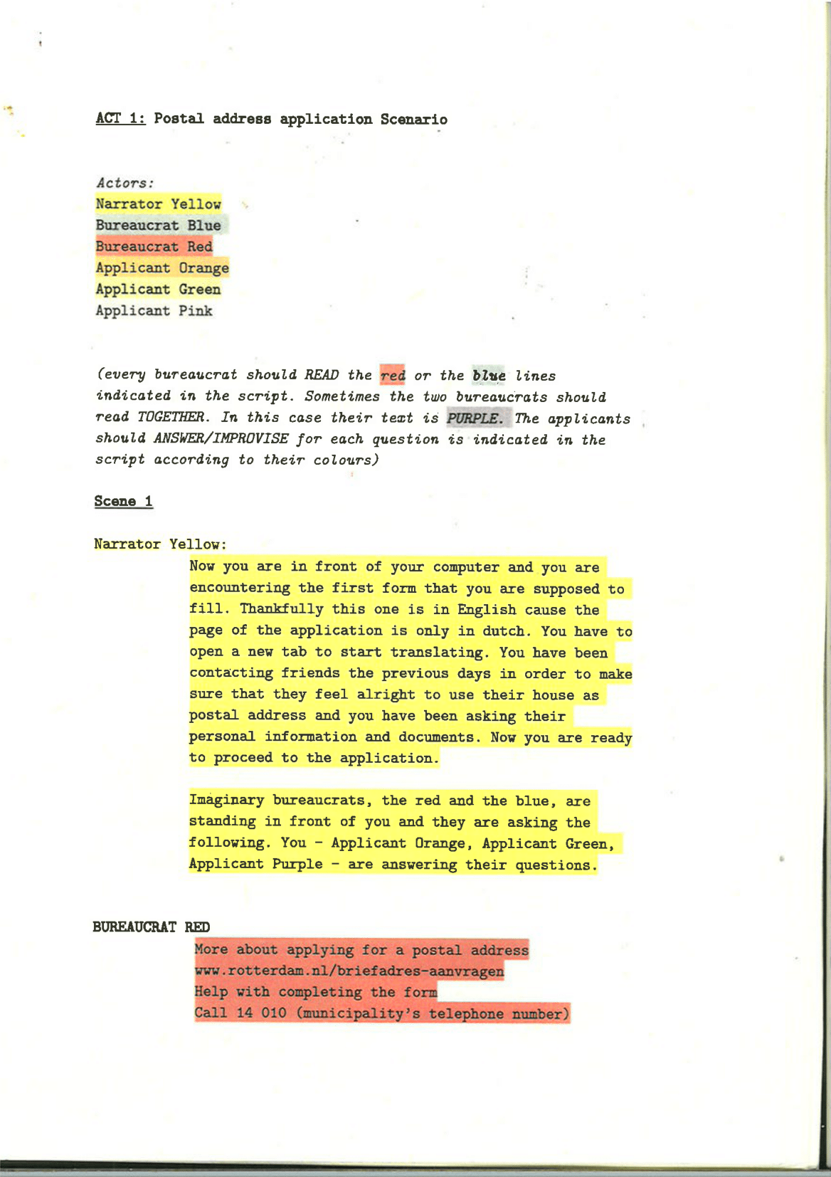 A6 booklet of the first chapter of the “theatrical” scenario created out of the Postal Address Application documents and performed by XPUB peers