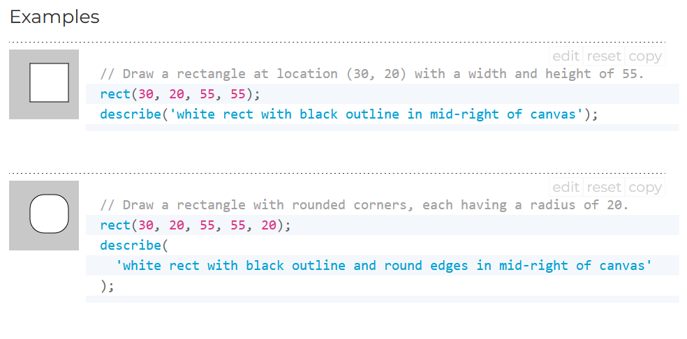 p5.js interactive editor in the documentation, displaying the usage of the rect and describe functions