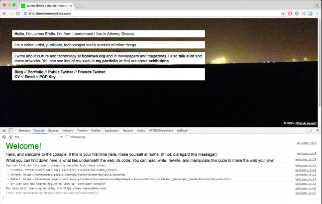 Browser inspector open in Bridle's website. The message printed in console is a green, friendly welcome.